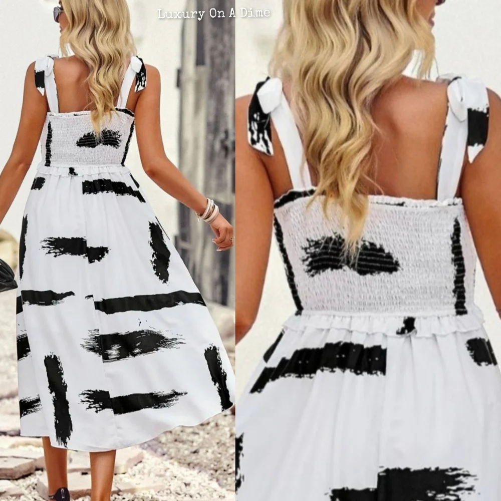 Contrast Paintbrush White Black Sleeveless Smocked Bodice Summer Midi Dress_4